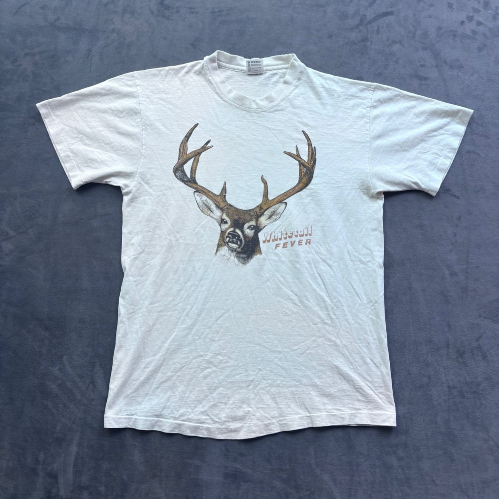 Vintage 90s Whitetail Fever Deer Graphic T-Shirt Anvil Made in USA White Large